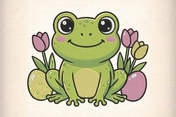 Cute Frog with Flowers Embroidery Design