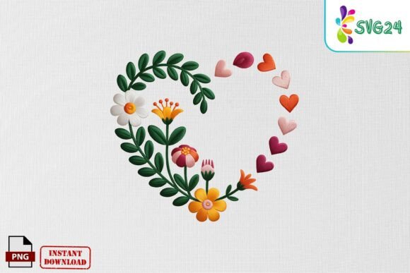 Floral Heart Frame Embroidery Art PNG