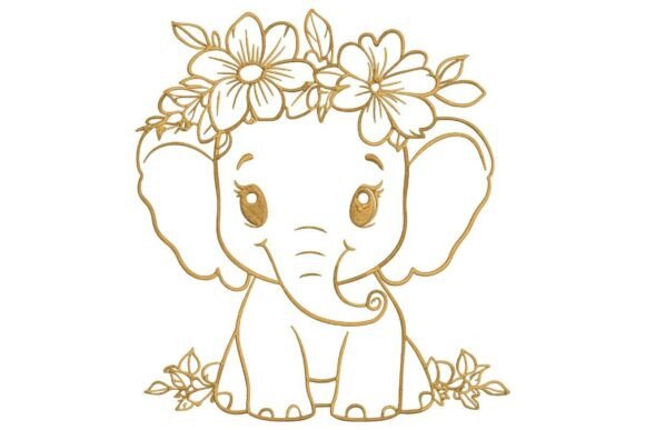 Kawaii Elephant in Gold with a Floral Wreath